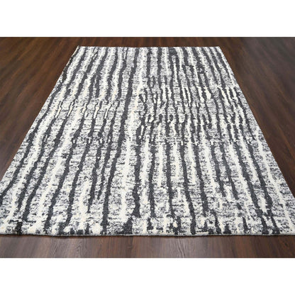 9'1"X11'8" Black And Ivory Modern Design Organic Wool Hand Knotted Rug