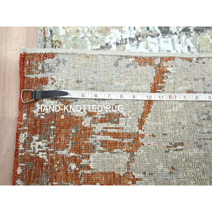 2'7"X13' Gray With Beige All Wool Abstract Design Hand Knotted Runner Rug