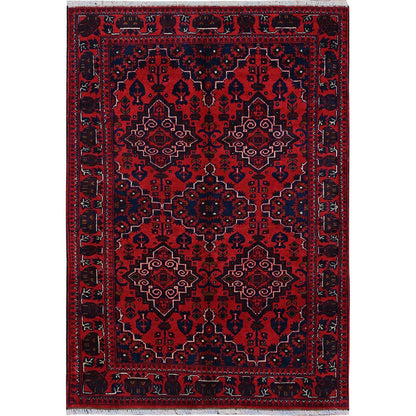 3'10"X5'7" Red Afghan Khamyab Geometric Design Hand Knotted Soft Wool Rug