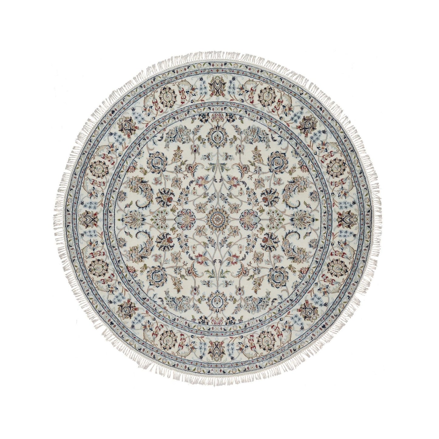 6'X6' Ivory Hand Knotted Nain With Flower Pattern Wool And Silk Round Rug