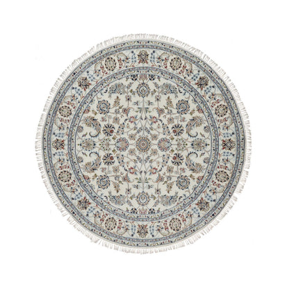 6'X6' Ivory Hand Knotted Nain With Flower Pattern Wool And Silk Round Rug