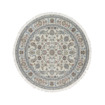 6'X6' Ivory Hand Knotted Nain With Flower Pattern Wool And Silk Round Rug