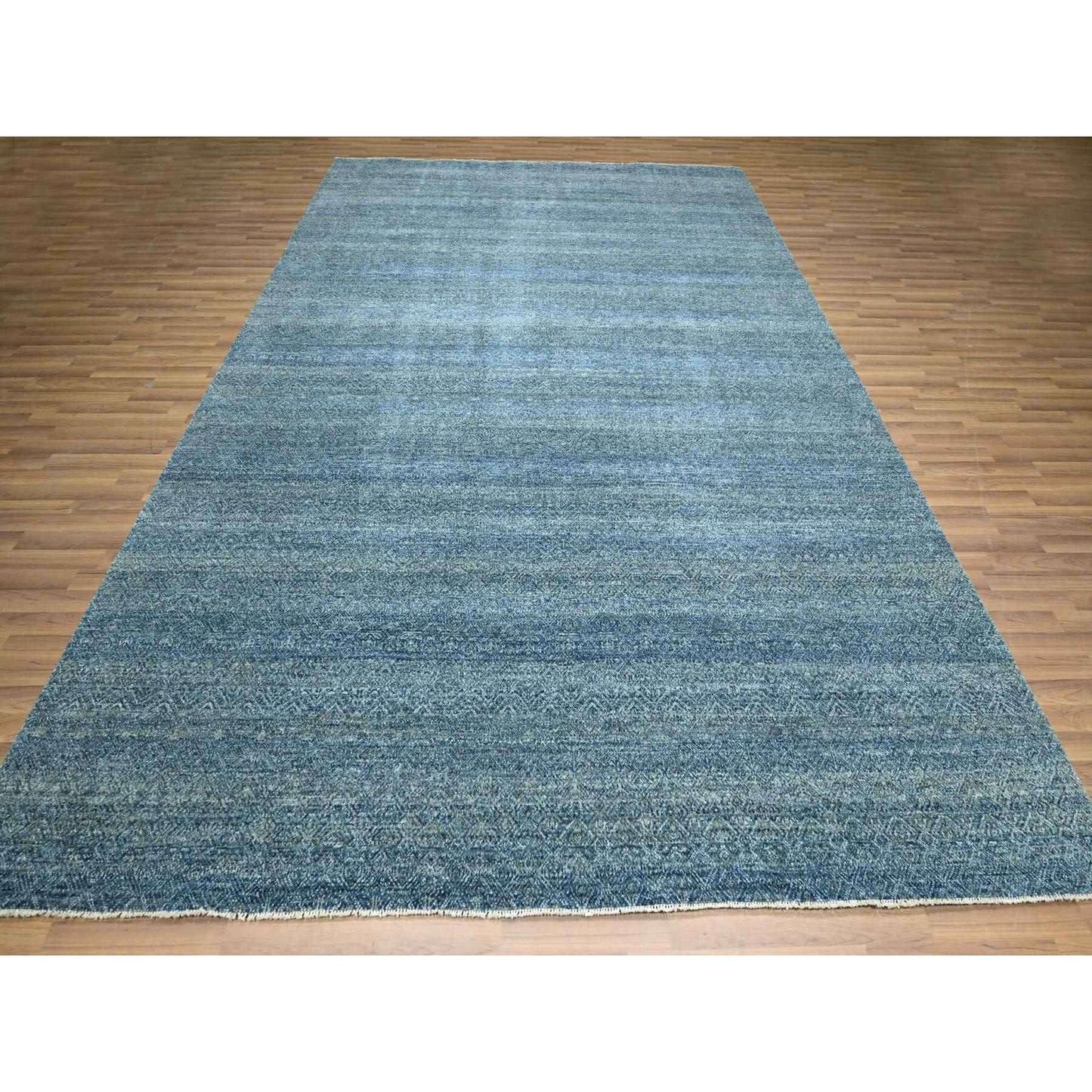 9'X12'1" Yale Blue Geometric Diamond Design Pure Wool Hand Knotted Rug