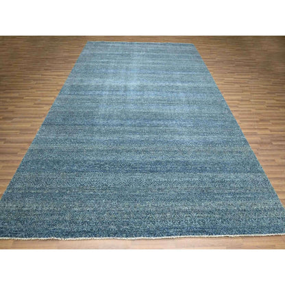 9'X12'1" Yale Blue Geometric Diamond Design Pure Wool Hand Knotted Rug