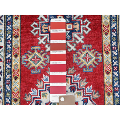 2'8"X9'6" Red Kazak With Geometric Design Hand Knotted Soft Wool Runner Rug