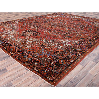 10'1"X13'2" Red Semi Antique Zoroastrian Heris Worn Wool Hand Knotted Rug
