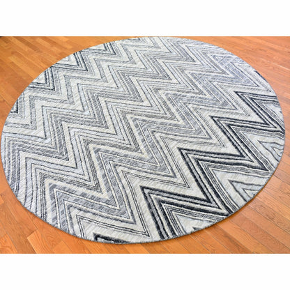 9'X9' Gray Chevron Design Textured Wool And Silk Hand Knotted Round Rug