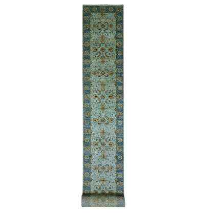 2'8"X24'1" Blue Wool Shah Abbas Floral Design Hand Knotted Xl Runner Rug