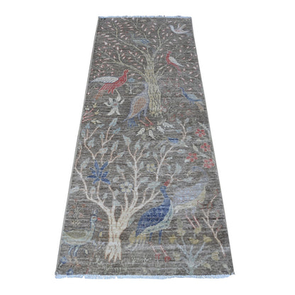 2'6"X6'2" Gray Birds Of Paradise Hand Knotted Wool Runner Oriental Rug
