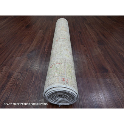4'X11'9" White Hand Knotted Angora Oushak Leaf Pattern Wool Runner Rug