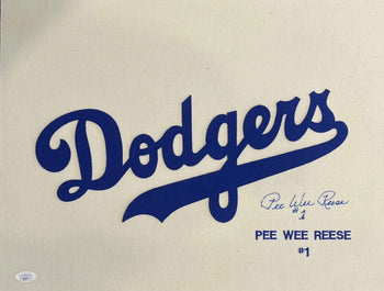Pee Wee Reese Autographed 14X18 Brooklyn Dodgers Jersey Swatch (Jsa)