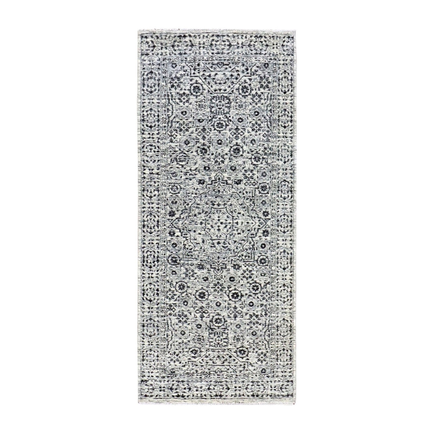 2'7"X6' White Mamluk Dynasty Design Undyed Wool Hand Knotted Runner Rug