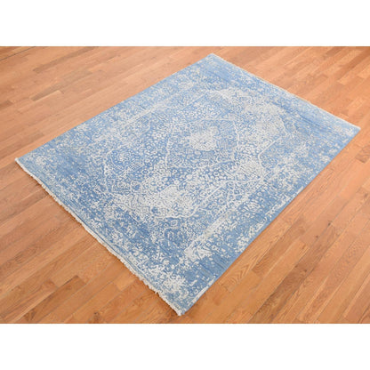 5'1"X7' Blue Wool And Silk Hand Knotted Broken Zoroastrian Design Rug