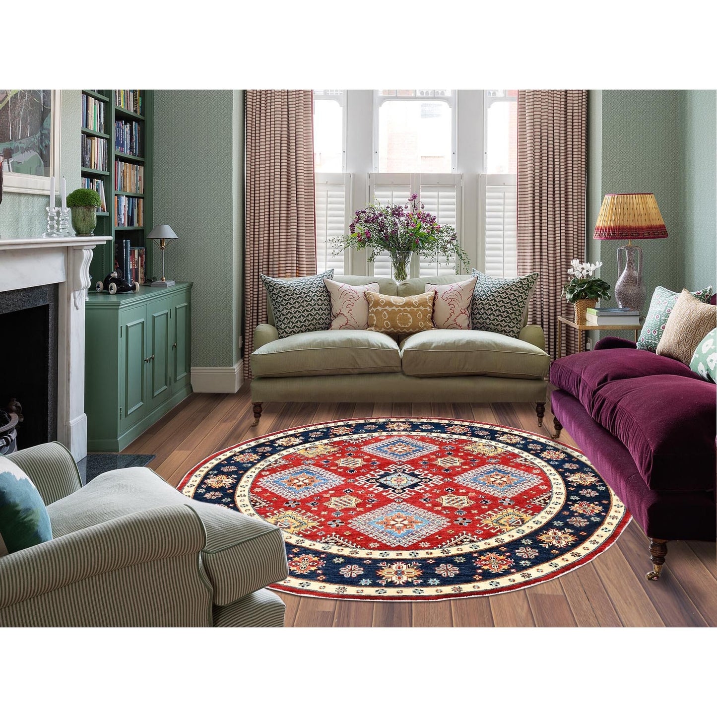 7'10"X7'9" Red Soft Wool Special Kazak Hand Knotted Round Oriental Rug