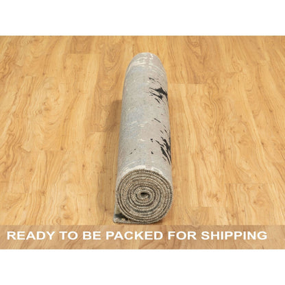 4'X12' Hand Knotted Taupe Abstract Design Wool Silk Runner Hi-Low Rug
