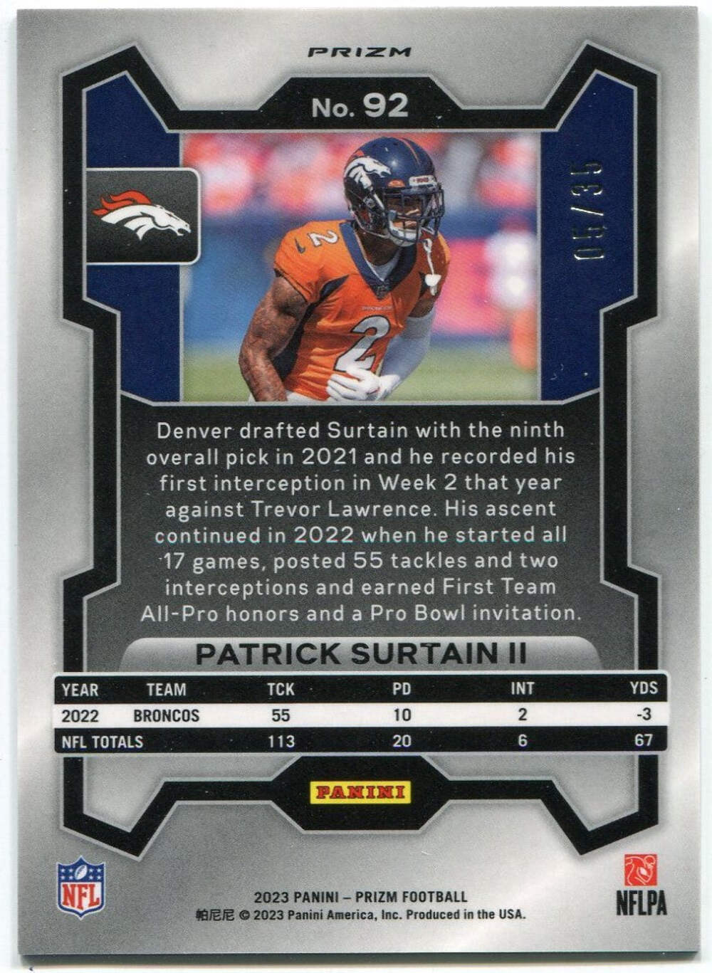 Patrick Surtain Ii 2023 Panini Prizm No Huddle Purple Prizm Card #92 5/35