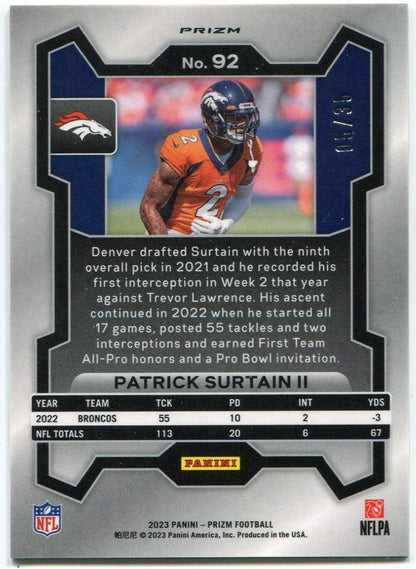 Patrick Surtain Ii 2023 Panini Prizm No Huddle Purple Prizm Card #92 5/35