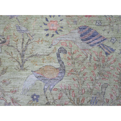 8'10"X12'3" Green Afghan Peshawar Birds Design Hand Knotted Soft Wool Rug