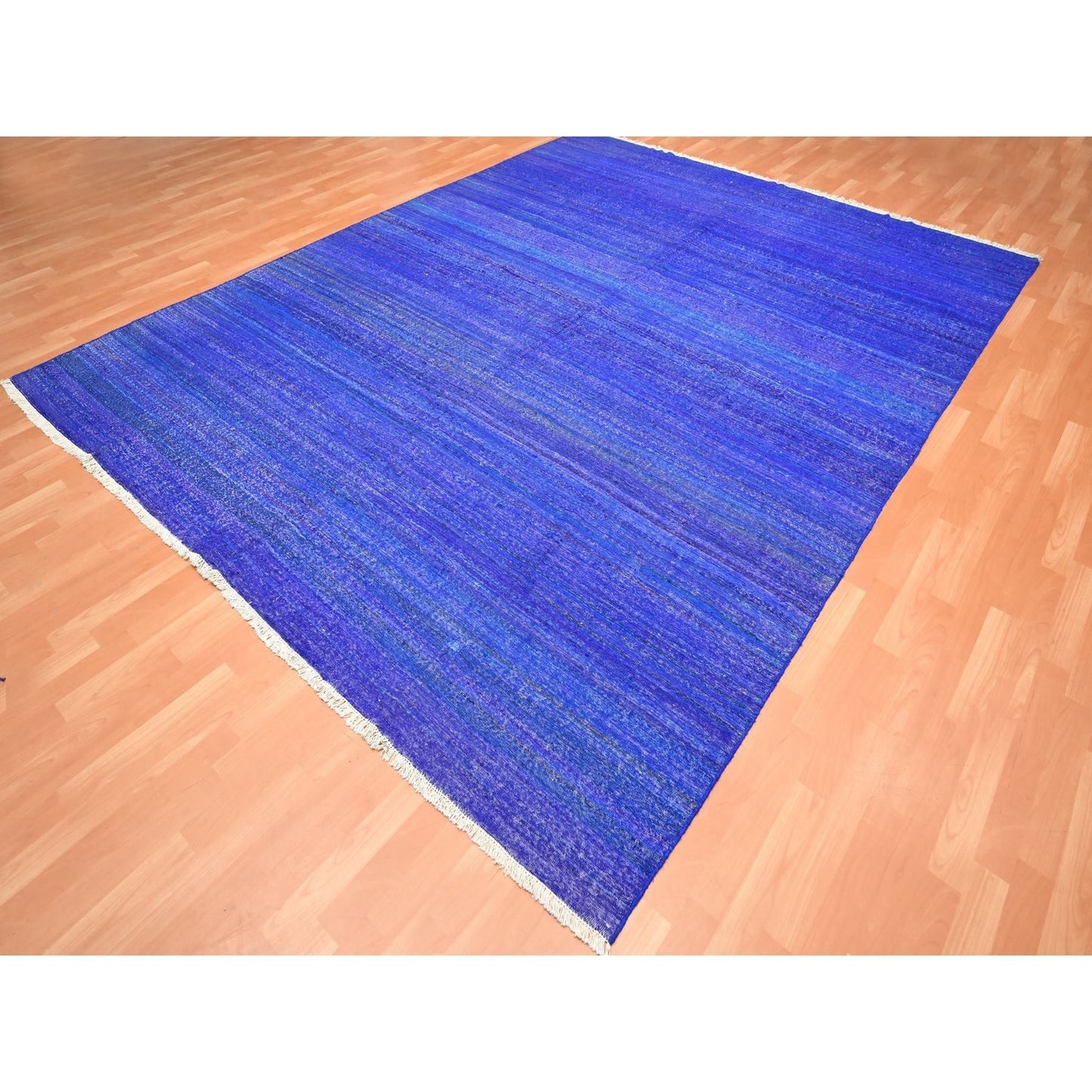 9'2"X11'8" Admiral Blue Sari Silk Flat Weave Kilim Hand Woven Rug