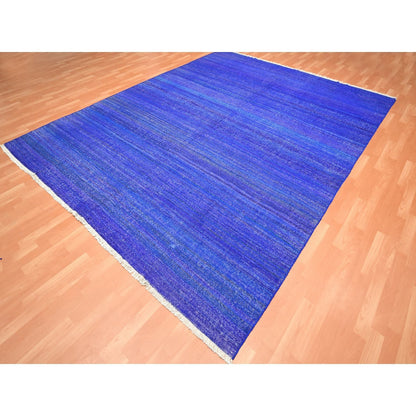 9'2"X11'8" Admiral Blue Sari Silk Flat Weave Kilim Hand Woven Rug