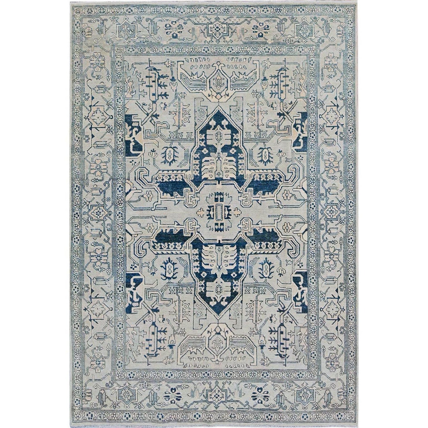 6'X9' Cloud Gray Seeripe Heris Medallion Design Pure Wool Hand Knotted Rug