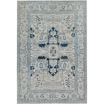 6'X9' Cloud Gray Seeripe Heris Medallion Design Pure Wool Hand Knotted Rug