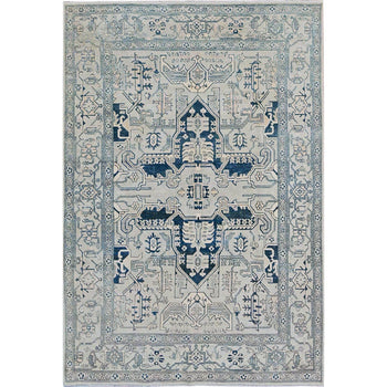 6'X9' Cloud Gray Seeripe Heris Medallion Design Pure Wool Hand Knotted Rug