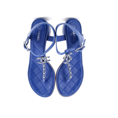 Chanel Women'S Cc Chain T-Strap Sandals Quilted Leather