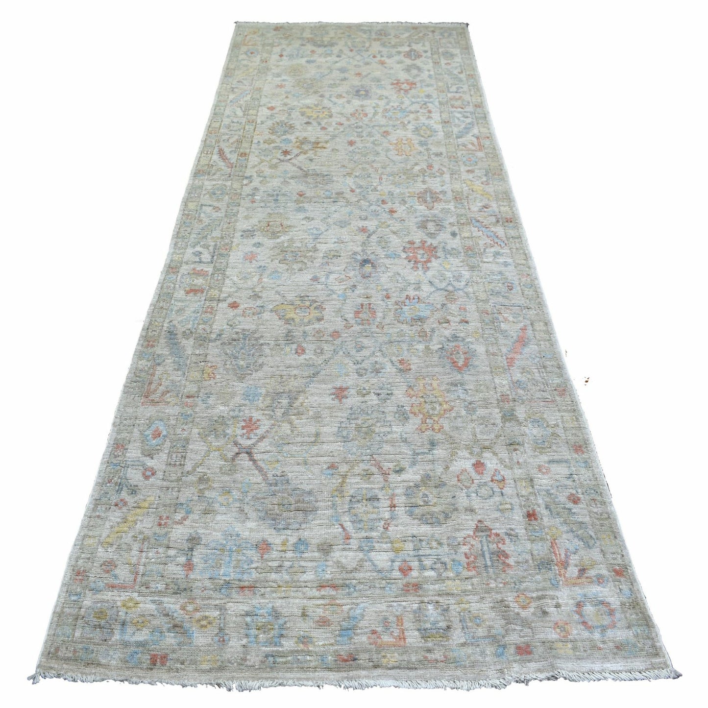 3'9"X11'2" Gray Hand Knotted Afghan Angora Oushak Wool Wide Runner Rug
