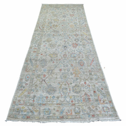 3'9"X11'2" Gray Hand Knotted Afghan Angora Oushak Wool Wide Runner Rug