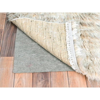 3'X3' Beige Shaggy Moroccan Undyed Natural Wool Hand Knotted Square Rug