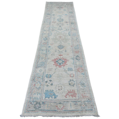 2'9"X11'7" White Hand Knotted Afghan Angora Oushak Pure Wool Runner Rug