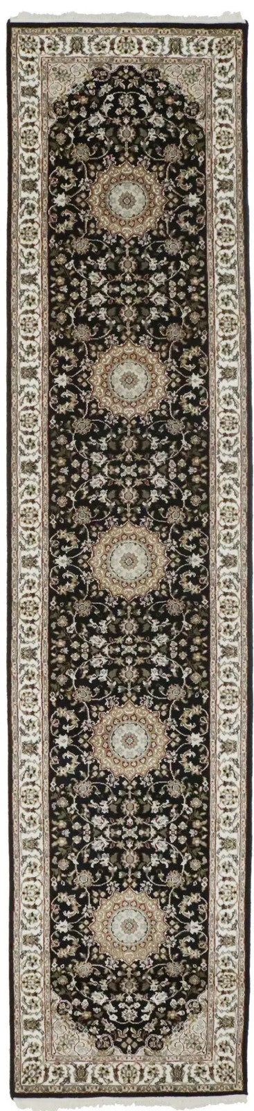Handmade Indo-Nain Oriental Runner Rug 3X12 ft Black Floral Wool Carpet Hallway