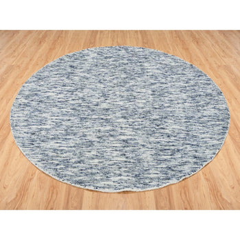 6'X6' Blue And Ivory Wool Hand Loomed Modern Striae Design Round Rug