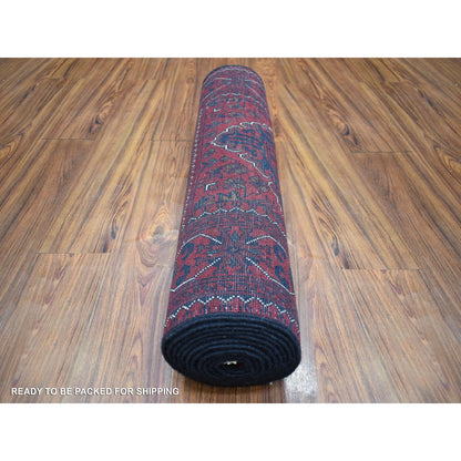 2'9"X12'10" Deep Red Afghan Khamyab Soft Wool Hand Knotted Runner Rug