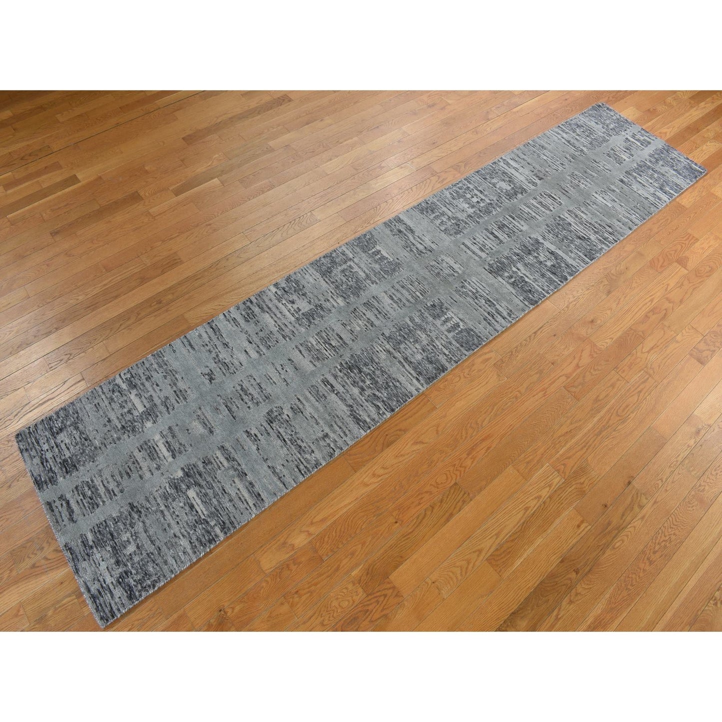 2'7"X12'1" Gray Undyed Natural Wool Modern Hand Knotted Runner Rug