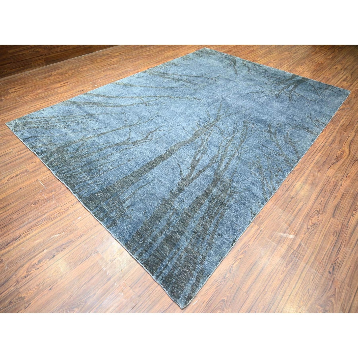 8'10"X12'1" Blue Gray Modern Tree Design 100% Wool Hand Knotted Rug