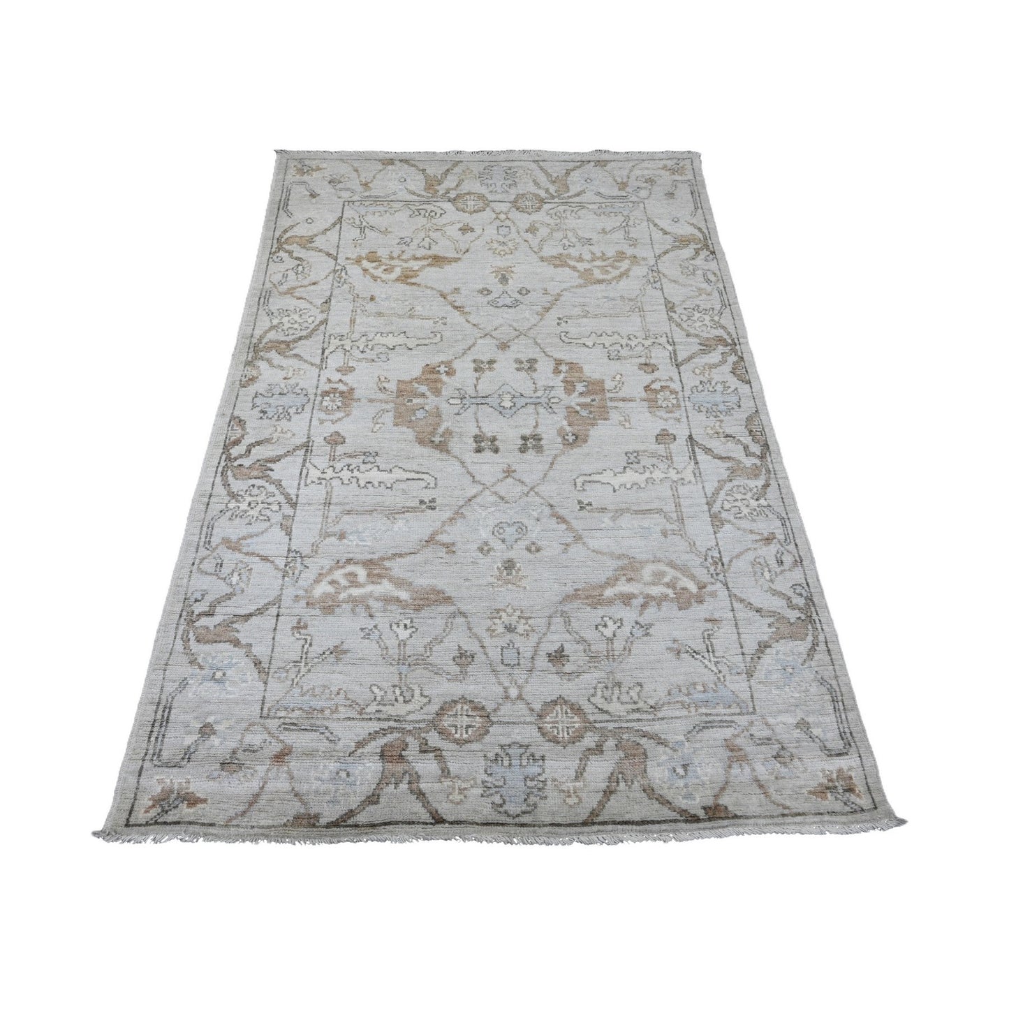 4'X5'10" Gray Hand Knotted Afghan Angora Oushak Leaf Design 100% Wool Rug