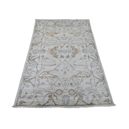 4'X5'10" Gray Hand Knotted Afghan Angora Oushak Leaf Design 100% Wool Rug