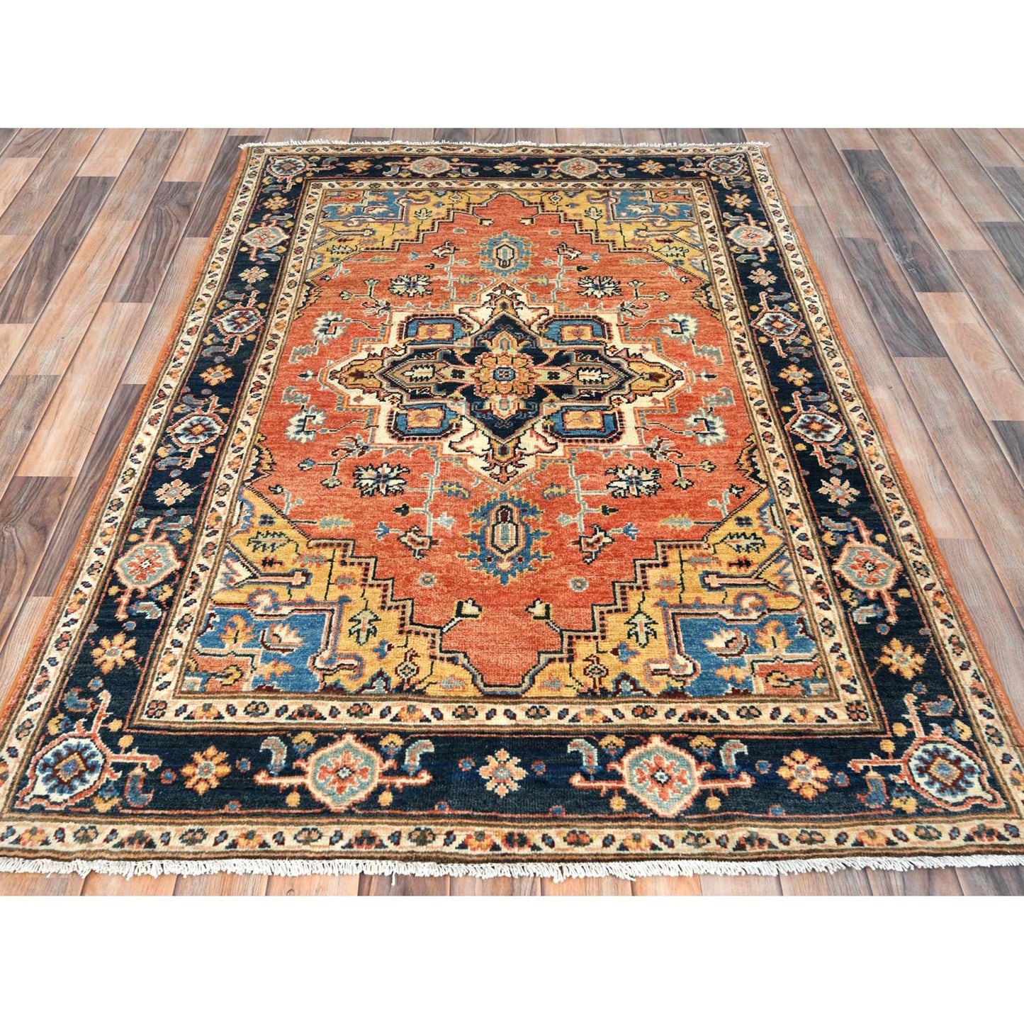 4'X5'10" Orange Hand Knotted Wool Afghan Peshawar With Heris Design Rug