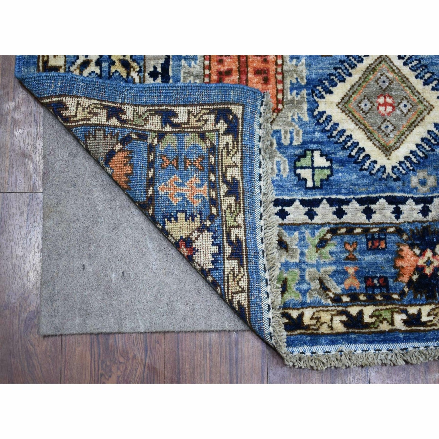 4'4"X11'8" Blue Afghan Ersari With Large Elements Design Wool Runner Rug