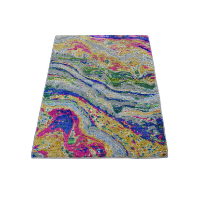 2'X3' The Lava Sari Silk With Textured Wool Hand Knotted Oriental Rug