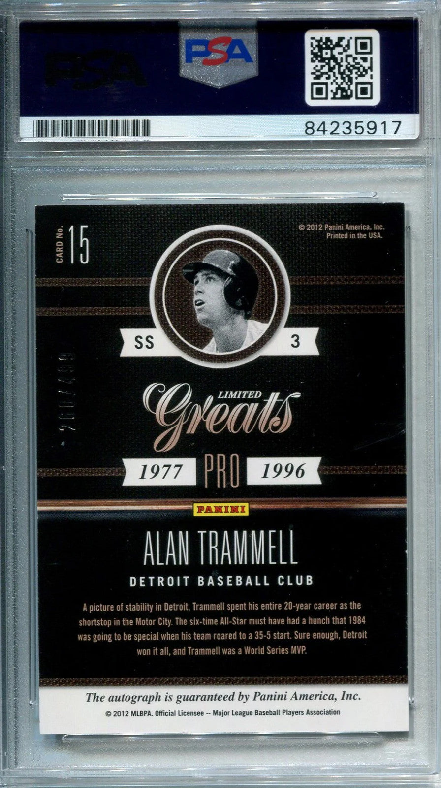Alan Trammell 2012 Limited Greats Autographed Panini Baseball Card (Psa)