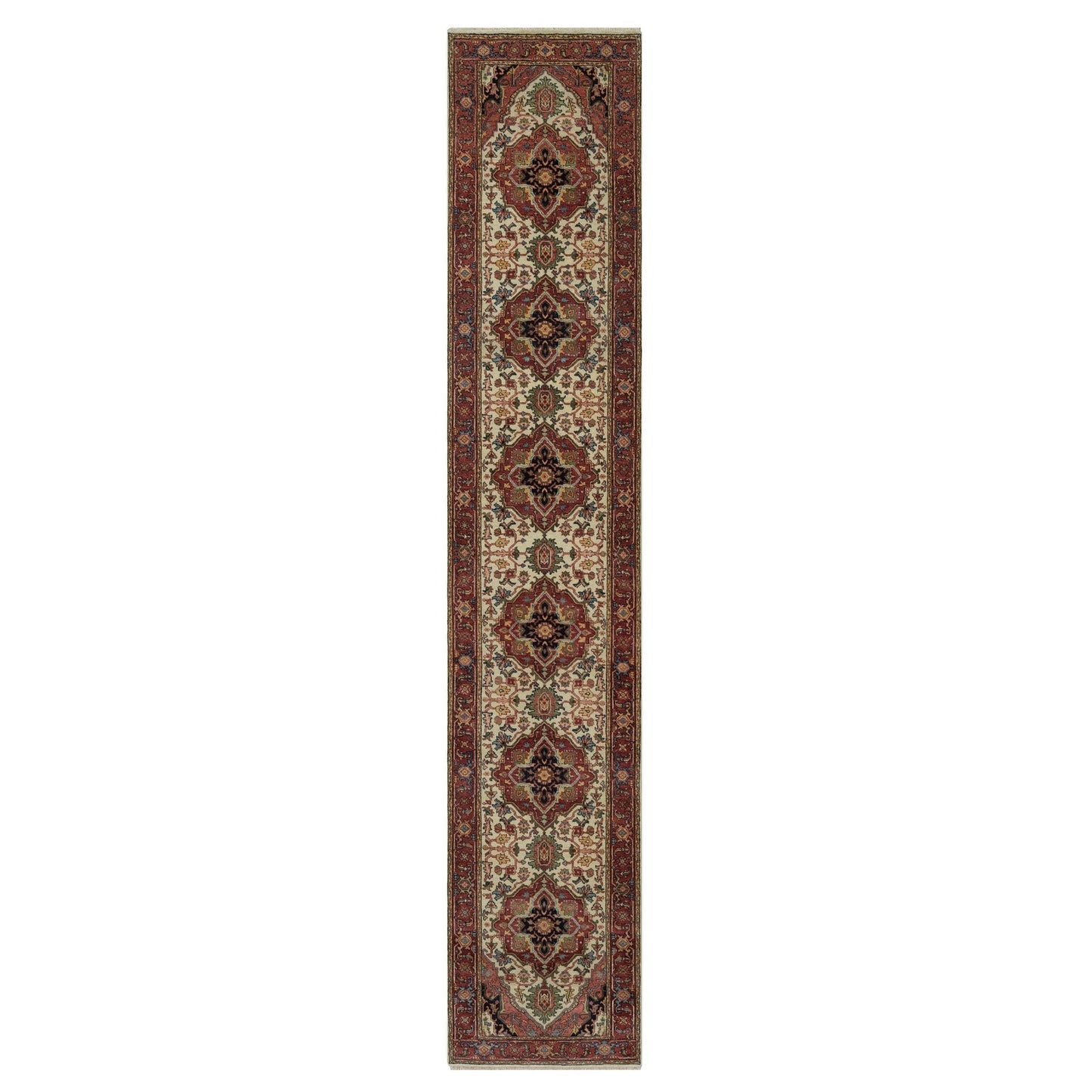 2'8"X14'3" Ivory Antiqued Heris Re-Creation Hand Knotted Wool Runner Rug