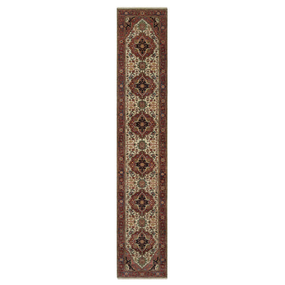 2'8"X14'3" Ivory Antiqued Heris Re-Creation Hand Knotted Wool Runner Rug