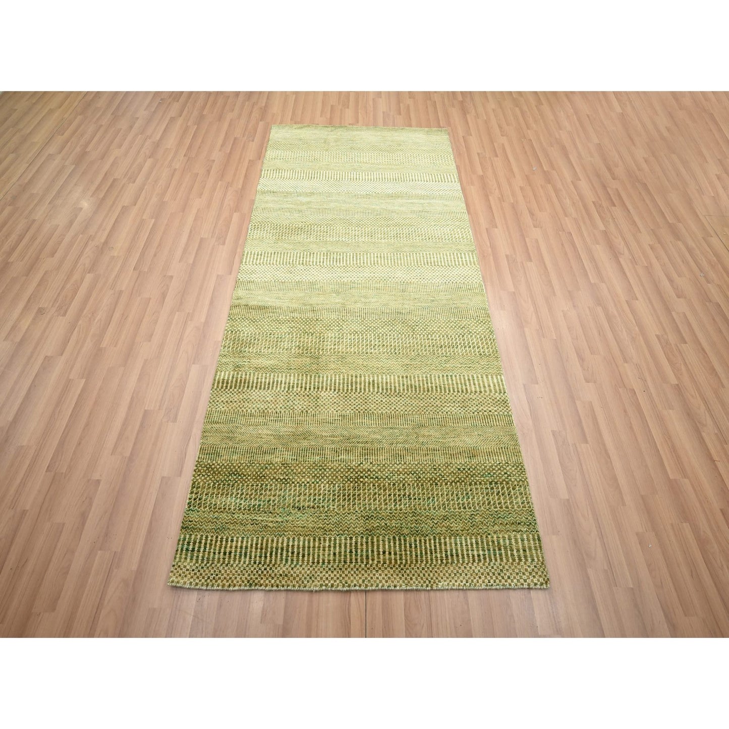 3'10"X8' Brown Hand Knotted Modern Grass Design Wool And Silk Runner Rug