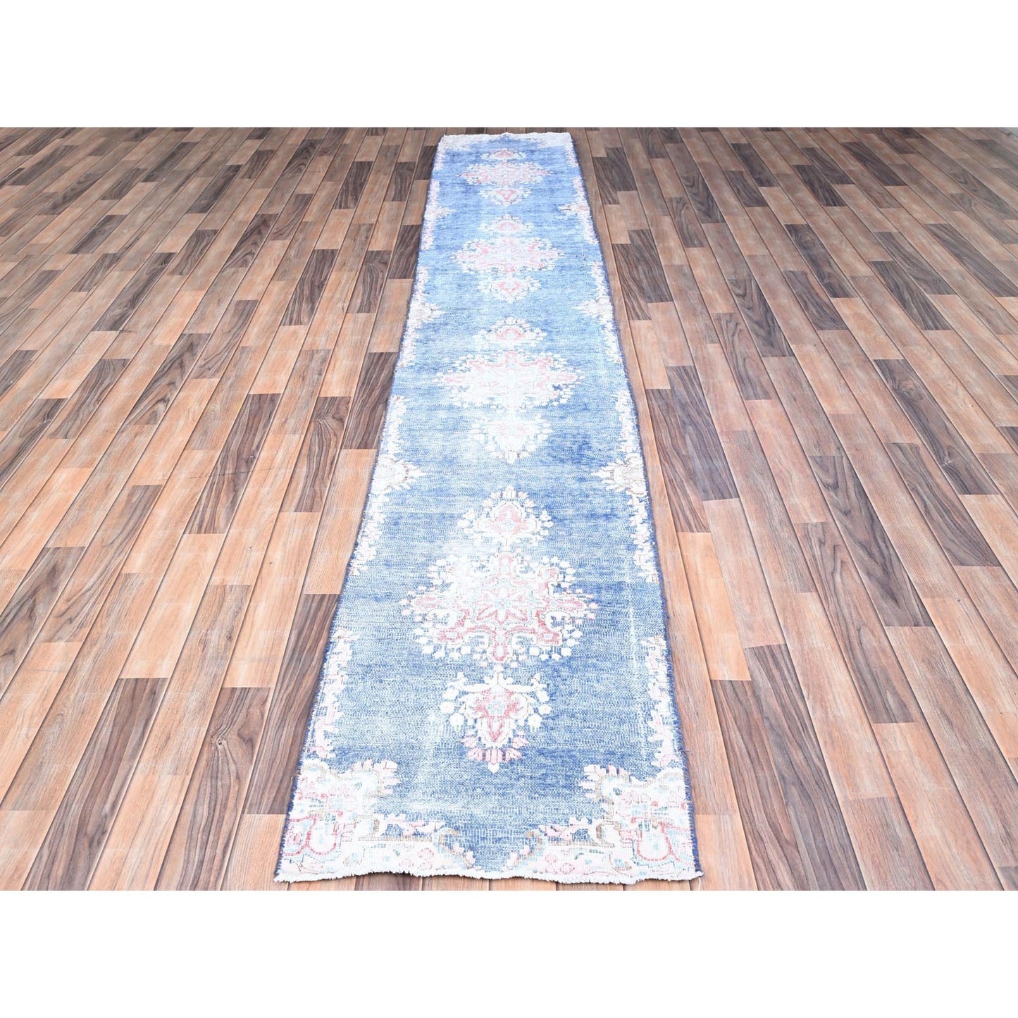 2'1"X12' Blue Hand Knotted Vintage Zoroastrian Karman Wool Runner Rug
