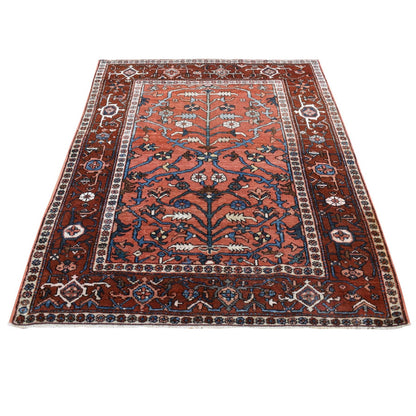 4'9"X6'1" Red Antique Zoroastrian Heris Hand Knotted Pure Wool Clean Rug