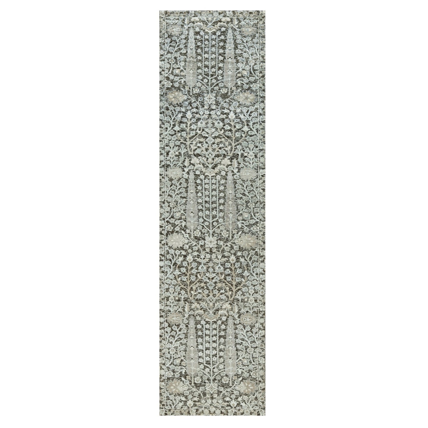 2'6"X9'10" Gray Hand Knotted Silk And Wool Willow Cypress Tree Runner Rug