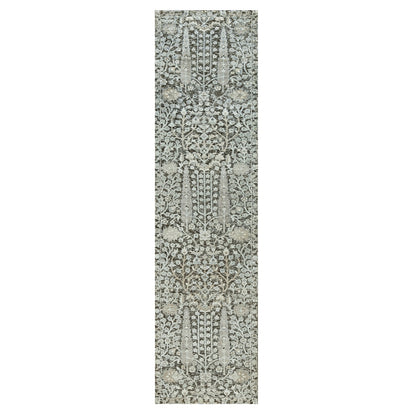 2'6"X9'10" Gray Hand Knotted Silk And Wool Willow Cypress Tree Runner Rug